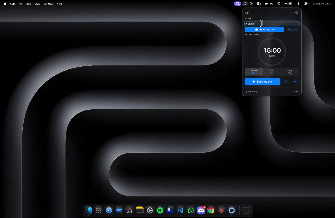 Breaks in action: opening the menu-bar popover, starting a focus session, viewing streaks and settings