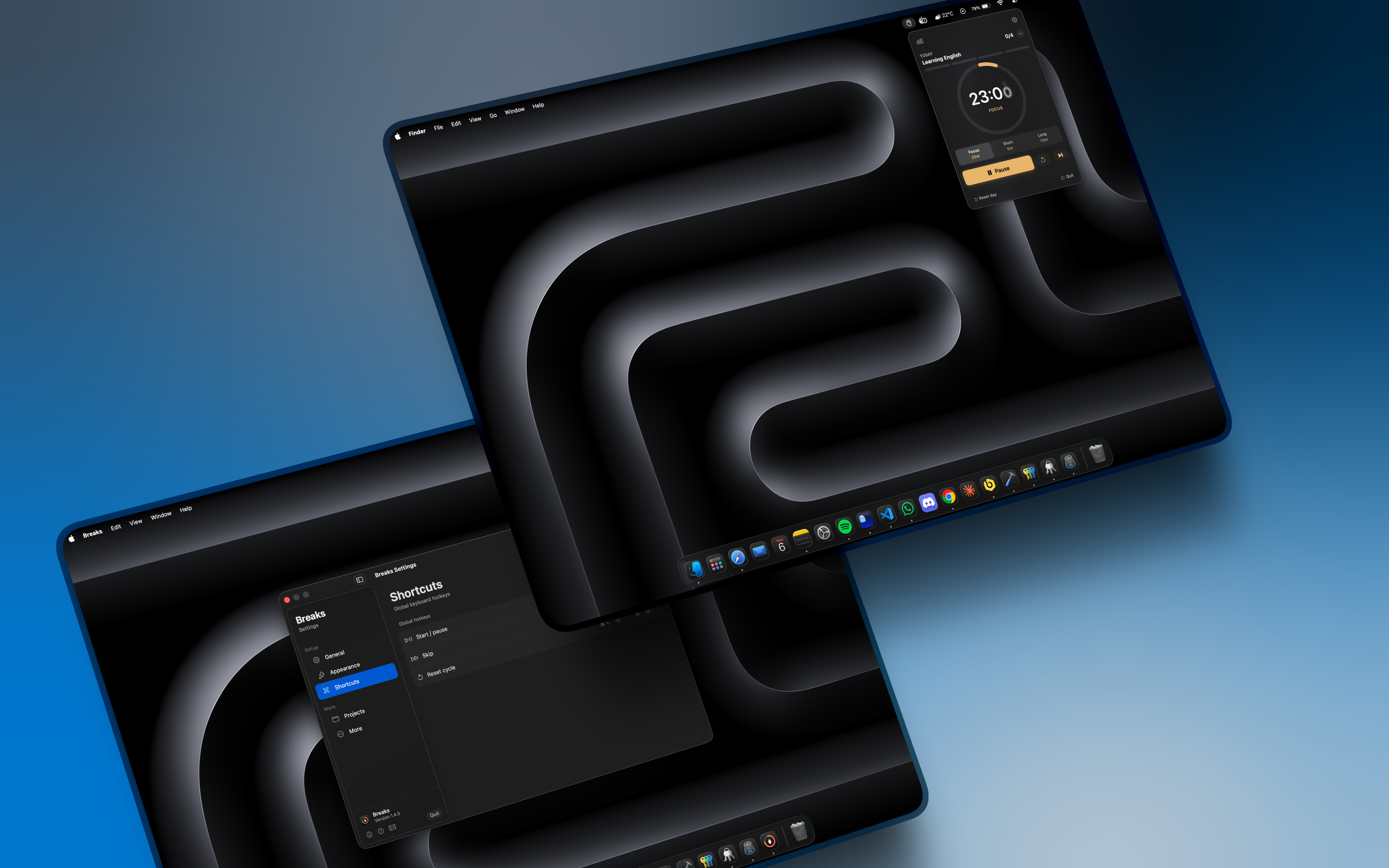 Breaks with settings panel open alongside the main timer view