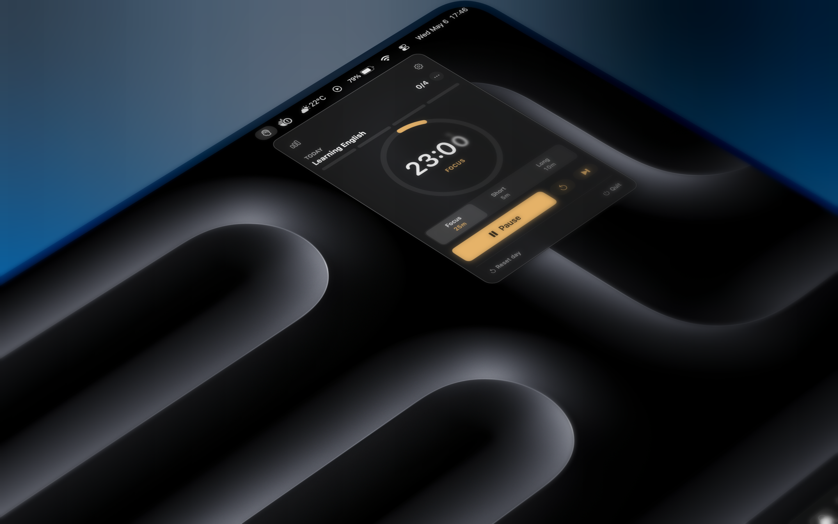 Breaks timer popover showing the circular ring, remaining time, and streak