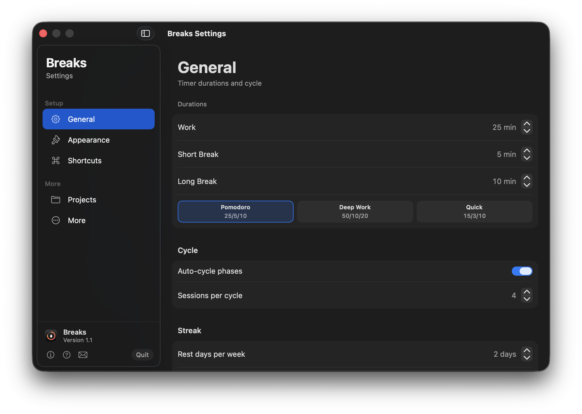 Breaks settings panel with collapsible sections for timer, sound, hotkeys